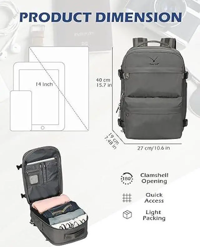 Alt view image 3 of 6 - Hynes Eagle 20L Travel Backpack Carry on Backpack Women Men Personal Item Bag for Spirit Airlines Small Nylon Laptop Backpack 14 inches Grey