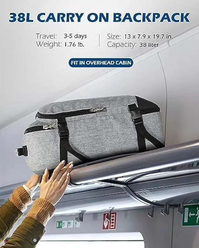 Alt view image 3 of 6 - Hynes Eagle Carry on Backpack 38L Large Travel Backpack for Women Flight Approved Weekender Bag Laptop Backpack Men 15 inches Black Grey 2023