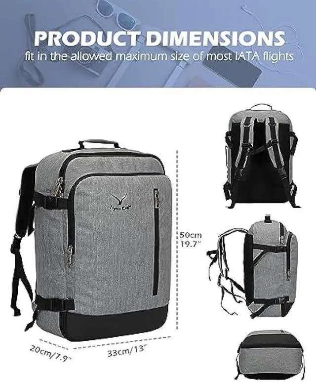 Alt view image 5 of 6 - Hynes Eagle Carry on Backpack 38L Large Travel Backpack for Women Flight Approved Weekender Bag Laptop Backpack Men 15 inches Black Grey 2023