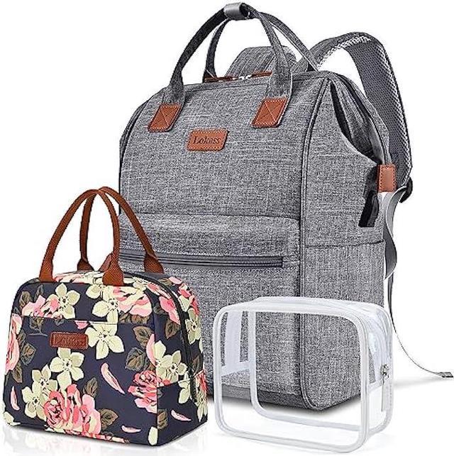 3-Pack Travel Essentials Bag Set, Laptop Backpack Gray,Toiletry Bag Clear, and Insulated Lunch Bag Peony for Family and Friends, Water-Resistant Backp