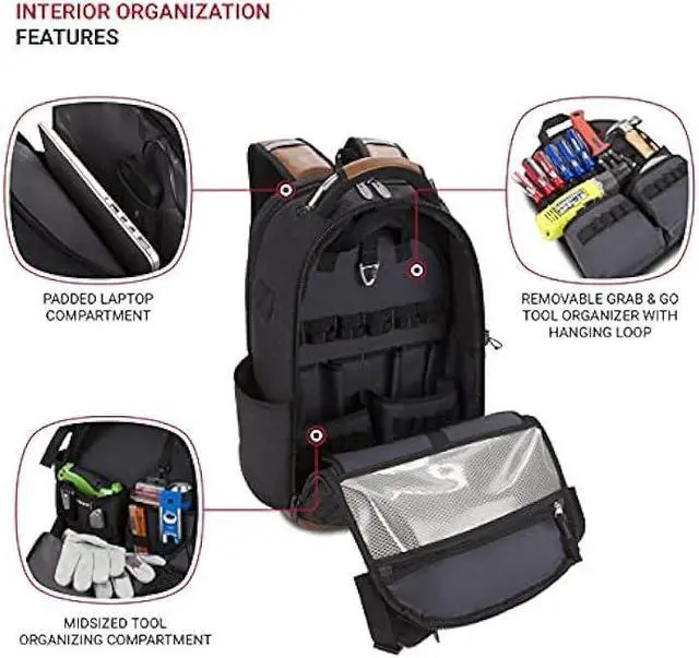 Alt view image 4 of 7 - SwissGear Tool Bag Backpack, Fits Up to 17-Inch Laptop, Work Pack PRO, Black/Brown Canvas