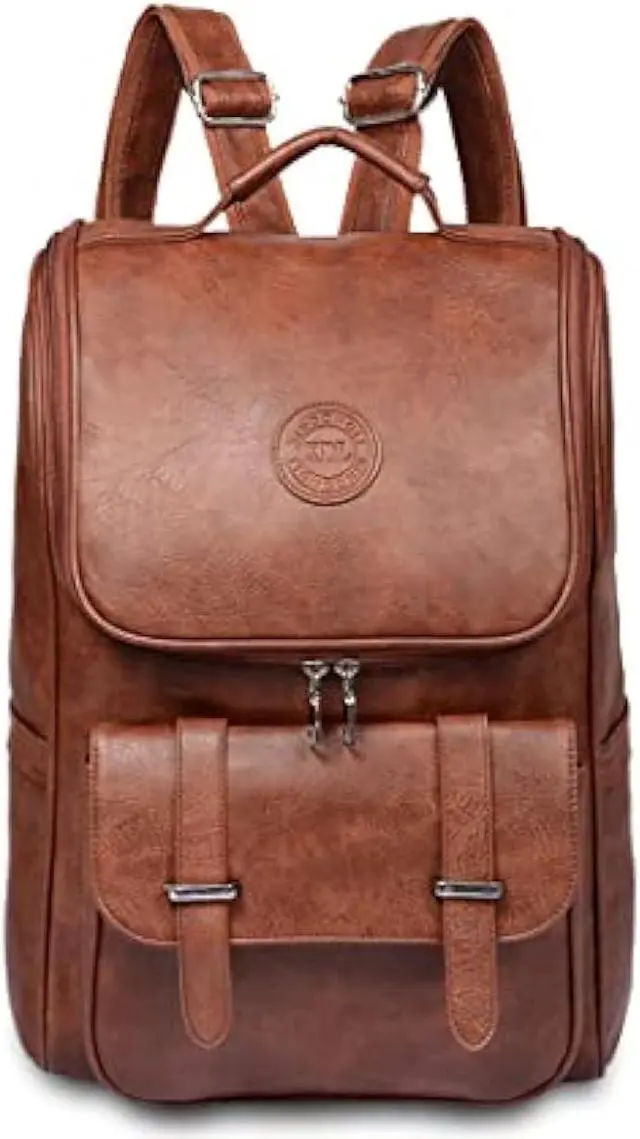 Main image of LOTCAIN Vintage Faux Leather Backpack, Slim Laptop Backpack Travel Waterproof Pack Weekend Daypack Bag for Men Women,Brown