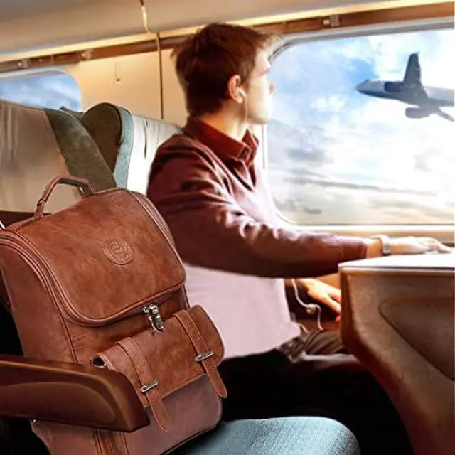 Alt view image 3 of 7 - LOTCAIN Vintage Faux Leather Backpack, Slim Laptop Backpack Travel Waterproof Pack Weekend Daypack Bag for Men Women,Brown