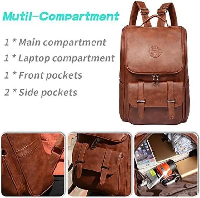 Alt view image 4 of 7 - LOTCAIN Vintage Faux Leather Backpack, Slim Laptop Backpack Travel Waterproof Pack Weekend Daypack Bag for Men Women,Brown