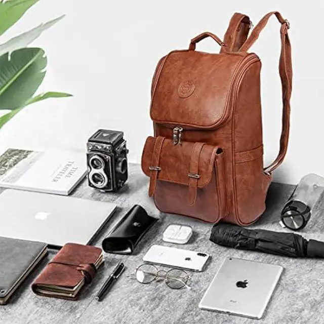 Alt view image 5 of 7 - LOTCAIN Vintage Faux Leather Backpack, Slim Laptop Backpack Travel Waterproof Pack Weekend Daypack Bag for Men Women,Brown