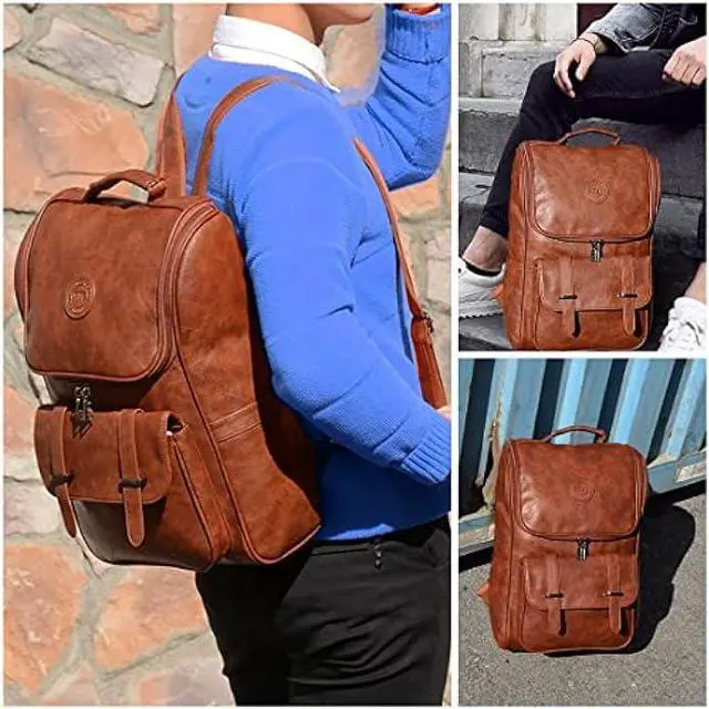 Alt view image 7 of 7 - LOTCAIN Vintage Faux Leather Backpack, Slim Laptop Backpack Travel Waterproof Pack Weekend Daypack Bag for Men Women,Brown