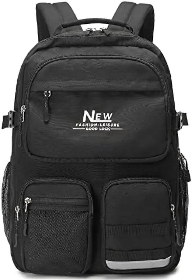 Main image of El-fmly Big School Backpack Bookbag for Teen Students, Multi Pockets Water Resistant Casual Daypack with 15.6 inch Laptop pocket for Travel (Black)