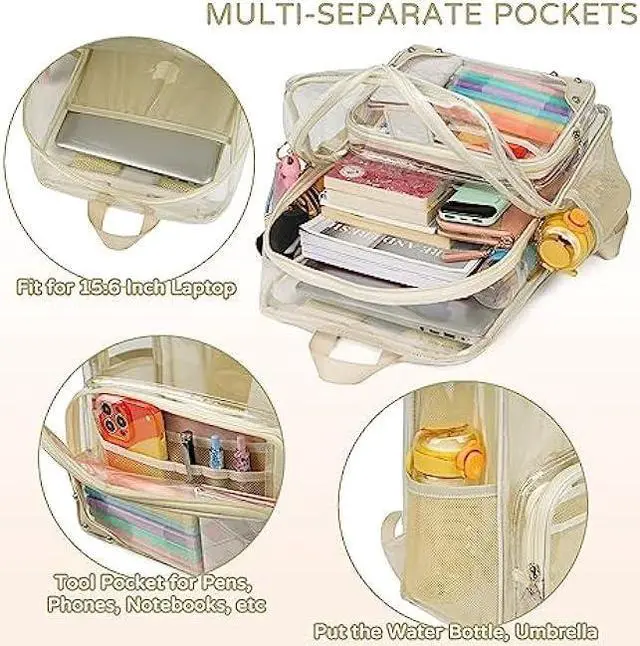 Alt view image 5 of 6 - Caoroky knight Clear Backpack Heavy Duty Transparent Laptop Backpacks 15.6 Inch See Through TPU Travel Daypack Large College Bookbag for Women Men Teens Girls Boys students-Off white