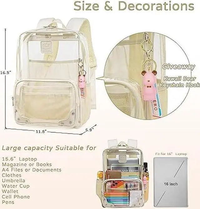 Alt view image 6 of 6 - Caoroky knight Clear Backpack Heavy Duty Transparent Laptop Backpacks 15.6 Inch See Through TPU Travel Daypack Large College Bookbag for Women Men Teens Girls Boys students-Off white