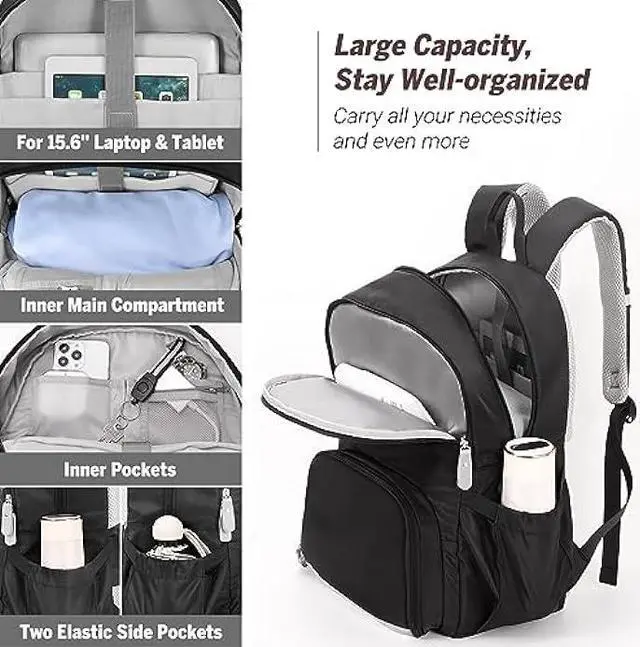 Alt view image 2 of 7 - MoKo Womens Gym Backpack, Large Travel Backpack with Shoe Compartment Sports Bag with Wet Pockets 15.6 Inch Laptop Backpack Water Resistant Anti Theft Back Pack for Women Gifts, Black/Gray