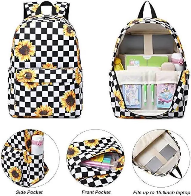 Alt view image 3 of 6 - Yusudan School Backpack for Girls Women, Teens School Bags Bookbags Ladies Laptop Backpacks (Checkered Sunflower)