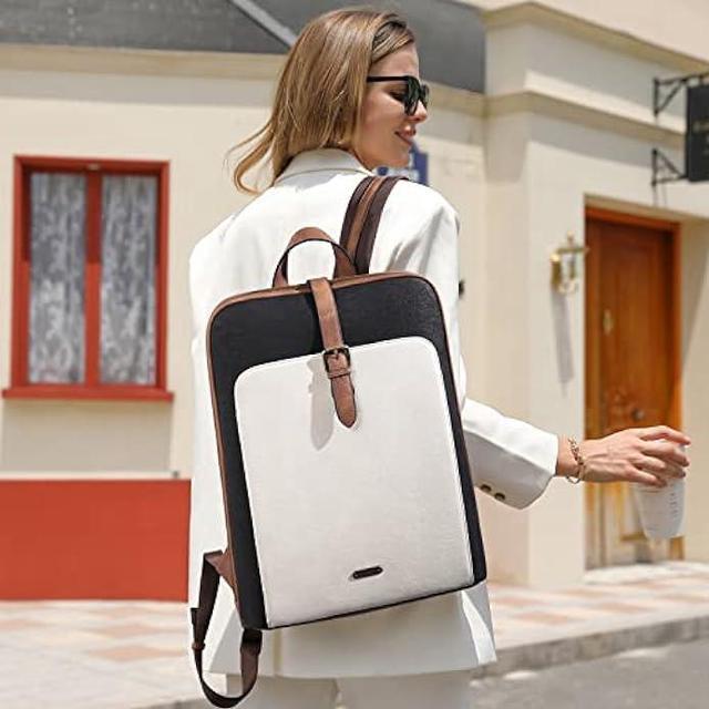 CLUCI Leather 15.6 inch Laptop Backpack Purse for Women Stylish Laptop Bag  Work Computer Backpack Casual Daypack Off-white with Brown