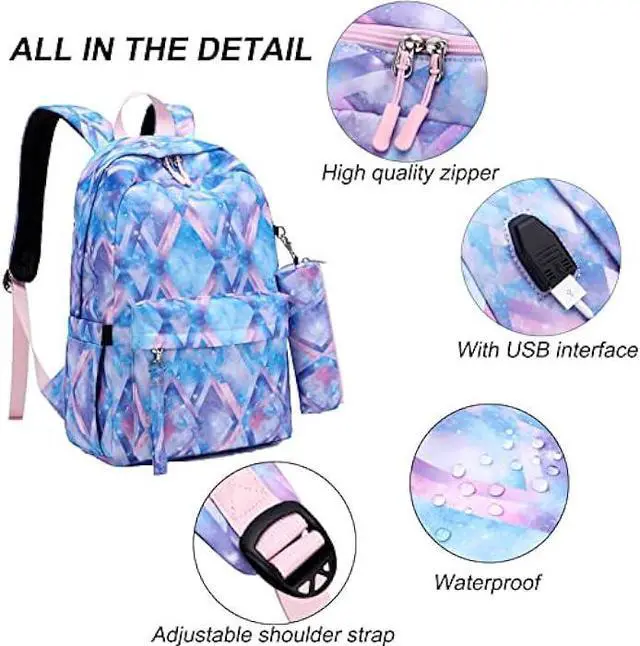 Alt view image 5 of 6 - ZHIERNA Kids Backpack For Girls Teen,3Pcs Set Cute elementary school Bag, 15.6in Laptop Daypack Bookbags With USB Charging Port(Blue)