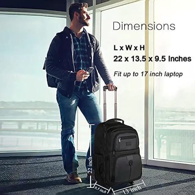 Alt view image 2 of 6 - MATEIN Rolling Backpack with 4 Wheels, 17 inch Travel Laptop Backpack for Women Men, Large Wheeled Backpacks Water Resistant Business Carry on Bag Airline Approved, College Luggage Suitcase Bag, Black
