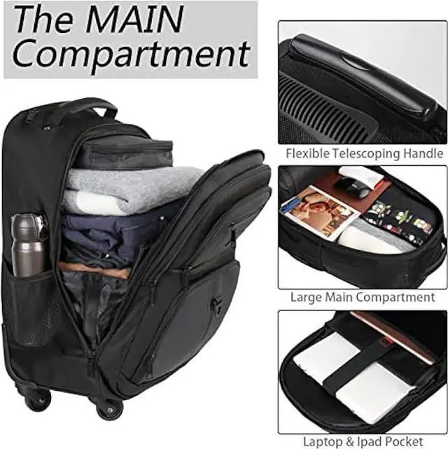 Alt view image 3 of 6 - MATEIN Rolling Backpack with 4 Wheels, 17 inch Travel Laptop Backpack for Women Men, Large Wheeled Backpacks Water Resistant Business Carry on Bag Airline Approved, College Luggage Suitcase Bag, Black