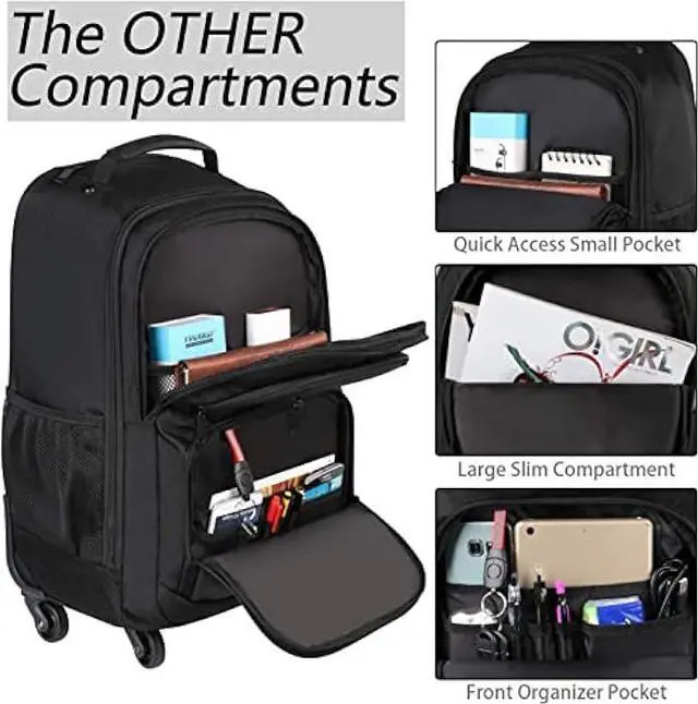 Alt view image 4 of 6 - MATEIN Rolling Backpack with 4 Wheels, 17 inch Travel Laptop Backpack for Women Men, Large Wheeled Backpacks Water Resistant Business Carry on Bag Airline Approved, College Luggage Suitcase Bag, Black