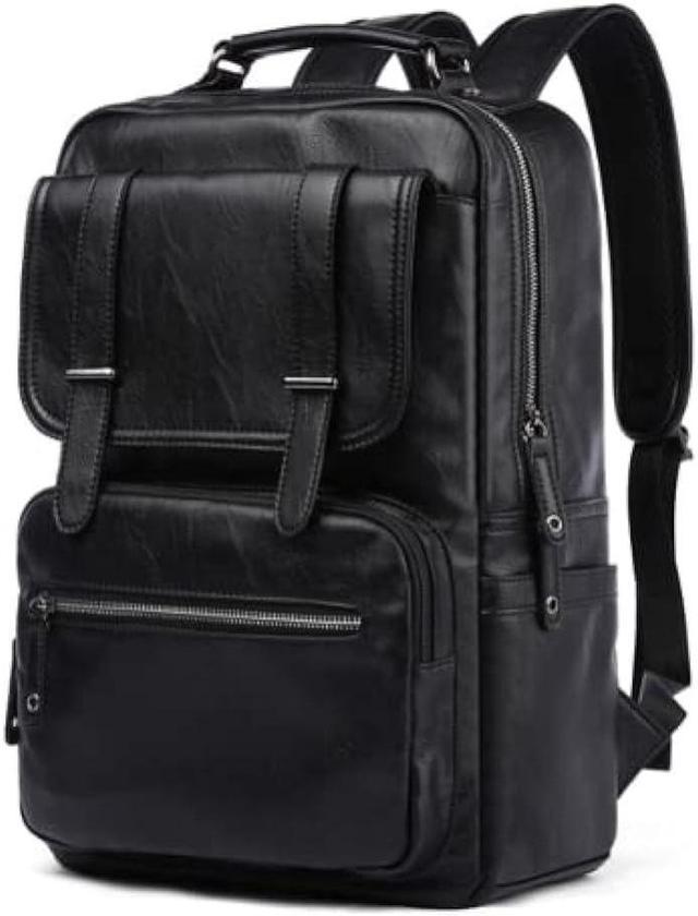 CHAO RAN Black Leather Laptop Backpack For Men Travel Backpack