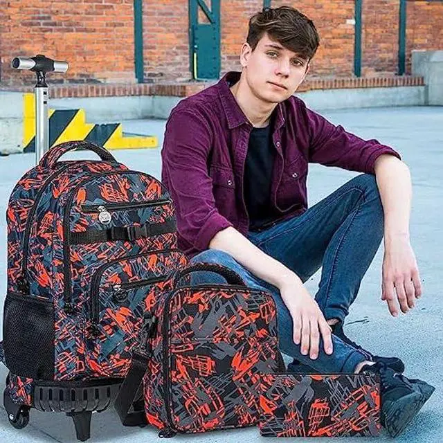 Alt view image 2 of 7 - ZLYERT 3PCS Rolling Backpack for Boys, Travel Wheeled Backpacks for Adults, Teens College Roller Bookbag with Wheels for Men - Red