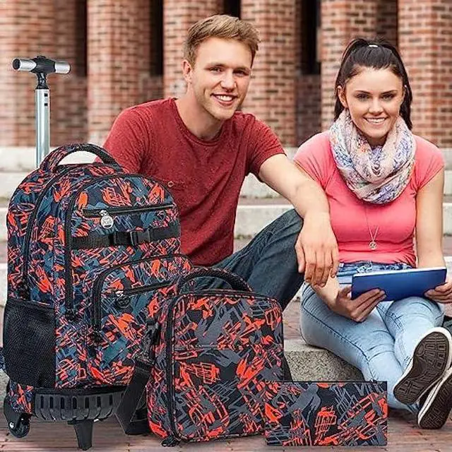 Alt view image 7 of 7 - ZLYERT 3PCS Rolling Backpack for Boys, Travel Wheeled Backpacks for Adults, Teens College Roller Bookbag with Wheels for Men - Red