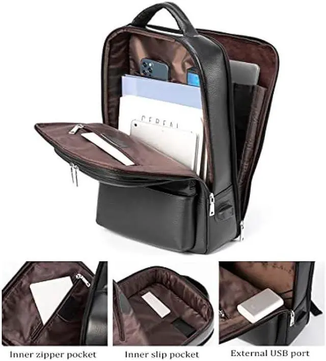 Alt view image 4 of 7 - Womleys 15.6 Inch Genuine Leather Laptop Backpack for Men Women, Business Travel Backpack Hiking Rucksack Daypack (4#Black)
