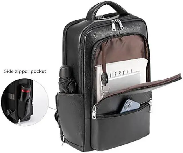 Alt view image 3 of 7 - Womleys 15.6 Inch Genuine Leather Laptop Backpack for Men Women, Business Travel Backpack Hiking Rucksack Daypack (4#Black)