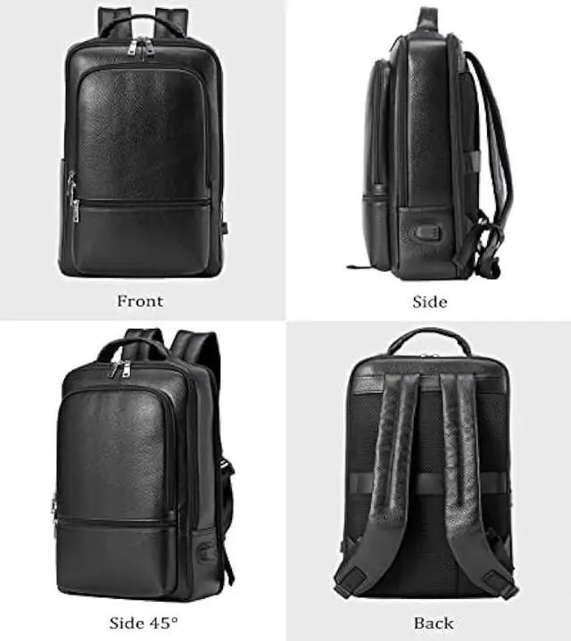 Alt view image 5 of 7 - Womleys 15.6 Inch Genuine Leather Laptop Backpack for Men Women, Business Travel Backpack Hiking Rucksack Daypack (4#Black)
