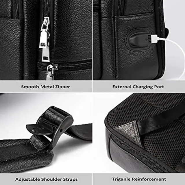 Alt view image 6 of 7 - Womleys 15.6 Inch Genuine Leather Laptop Backpack for Men Women, Business Travel Backpack Hiking Rucksack Daypack (4#Black)