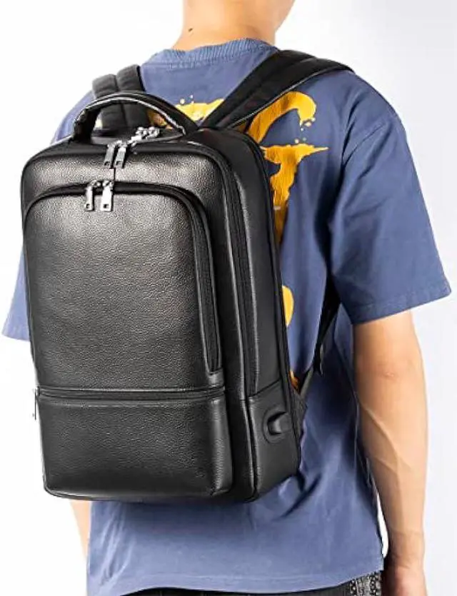 Alt view image 7 of 7 - Womleys 15.6 Inch Genuine Leather Laptop Backpack for Men Women, Business Travel Backpack Hiking Rucksack Daypack (4#Black)