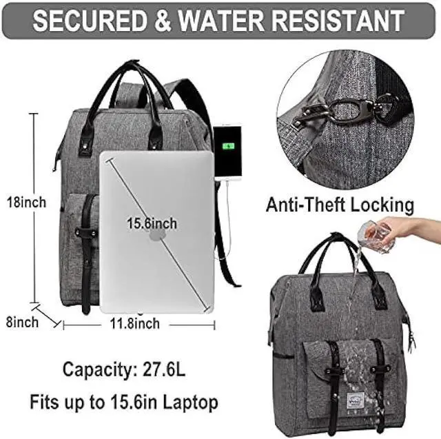 Alt view image 2 of 7 - VASCHY Laptop Backpack, Vintage Water Resistant Anti-theft Travel Backpack for Men and Women 15.6inch with USB Charging Port Charcoal Gray