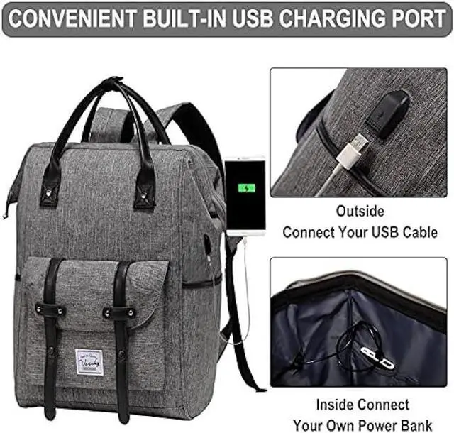 Alt view image 6 of 7 - VASCHY Laptop Backpack, Vintage Water Resistant Anti-theft Travel Backpack for Men and Women 15.6inch with USB Charging Port Charcoal Gray