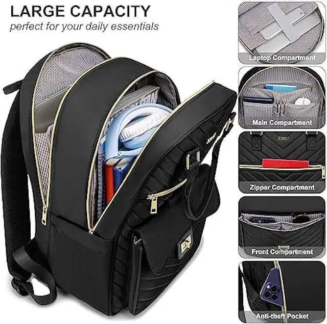 Alt view image 2 of 6 - RJEU Bookbag for Women,Fashion Laptop Bag Tablet Backpack with USB Port for Work,School Backpack Aesthetic for Teen Girls College Student,Mochilas de Mujer,Black