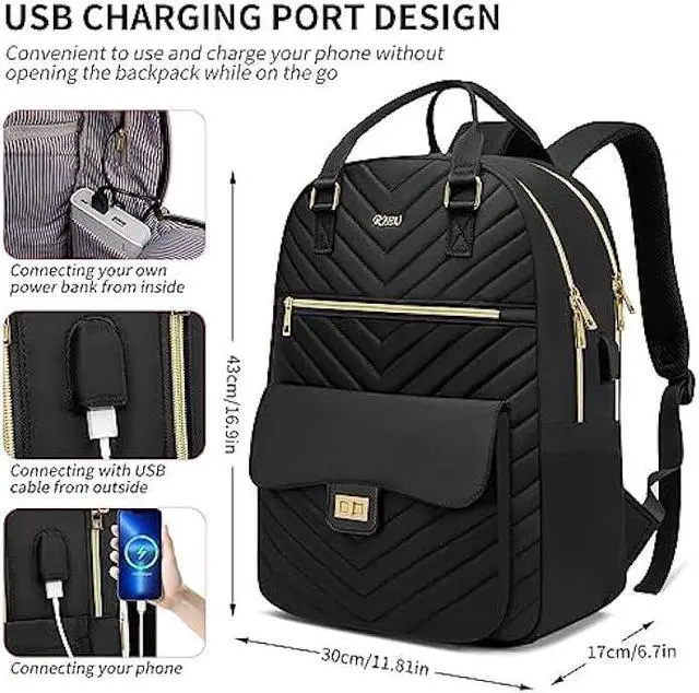 Alt view image 4 of 6 - RJEU Bookbag for Women,Fashion Laptop Bag Tablet Backpack with USB Port for Work,School Backpack Aesthetic for Teen Girls College Student,Mochilas de Mujer,Black
