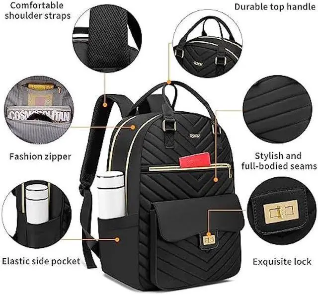Alt view image 3 of 6 - RJEU Bookbag for Women,Fashion Laptop Bag Tablet Backpack with USB Port for Work,School Backpack Aesthetic for Teen Girls College Student,Mochilas de Mujer,Black