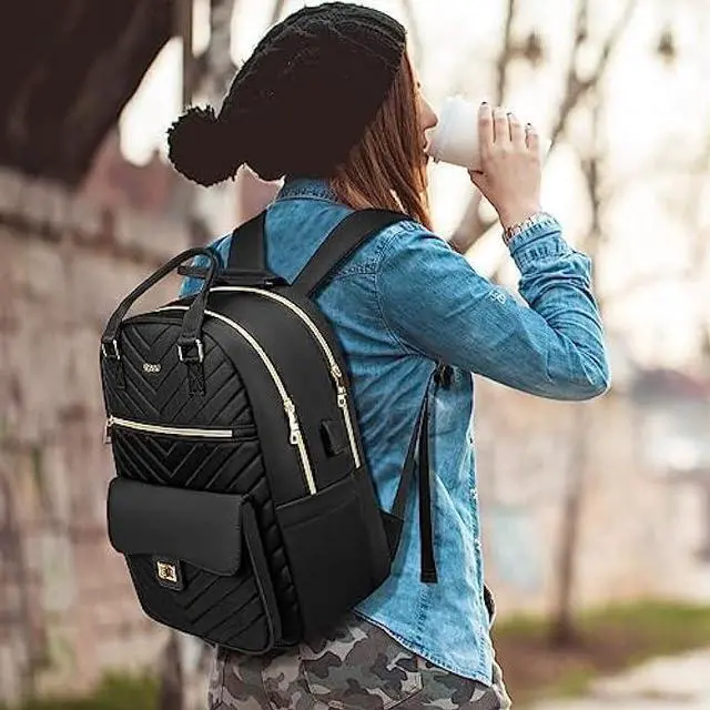 Alt view image 6 of 6 - RJEU Bookbag for Women,Fashion Laptop Bag Tablet Backpack with USB Port for Work,School Backpack Aesthetic for Teen Girls College Student,Mochilas de Mujer,Black