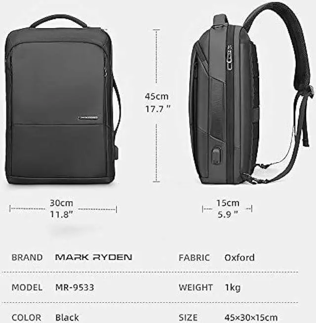 Alt view image 6 of 6 - Muzee Laptop Backpack For Men,3in1 Slim Business Backpack Stylish Executive Briefcase & Casual Daypack Fits 15.6 Inch Computer USB Port Black