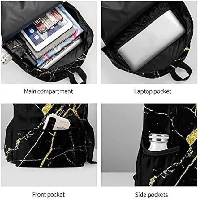 Alt view image 6 of 7 - KiuLoam 17 Inch Backpack Gold Black Marble Laptop Backpack Shoulder Bag School Bookbag Casual Daypack
