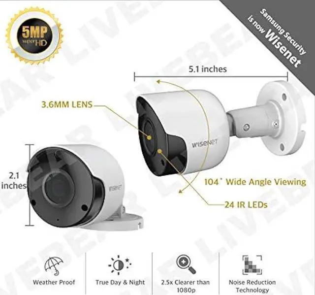 Alt view image 3 of 7 - Wisenet SDC-89445BF 5MP CCTV Surveillance Weatherproof Bullet Security Camera 82ft IR Distance Plastic Housing 3.6mm Lens 104° Wide Angle (Quad Pack)