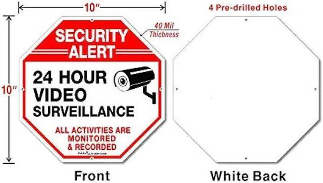 Alt view image 2 of 6 - (4 Pack) Security Alert, 24 Hour Video Surveillance, All Activities Monitored Signs,10x10 Inches .040 Aluminum Reflective Warning Sign for Home Business CCTV Security Camera, Indoor or Outdoor Use