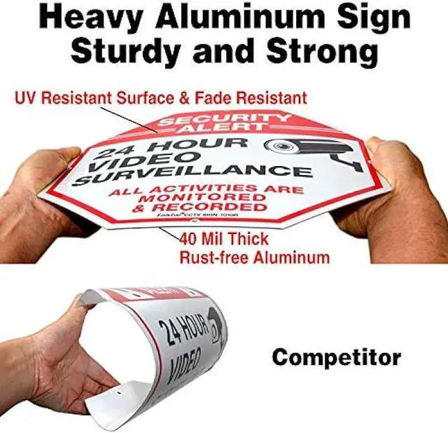 Alt view image 3 of 6 - (4 Pack) Security Alert, 24 Hour Video Surveillance, All Activities Monitored Signs,10x10 Inches .040 Aluminum Reflective Warning Sign for Home Business CCTV Security Camera, Indoor or Outdoor Use