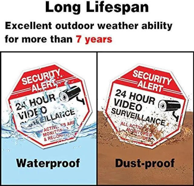Alt view image 4 of 6 - (4 Pack) Security Alert, 24 Hour Video Surveillance, All Activities Monitored Signs,10x10 Inches .040 Aluminum Reflective Warning Sign for Home Business CCTV Security Camera, Indoor or Outdoor Use