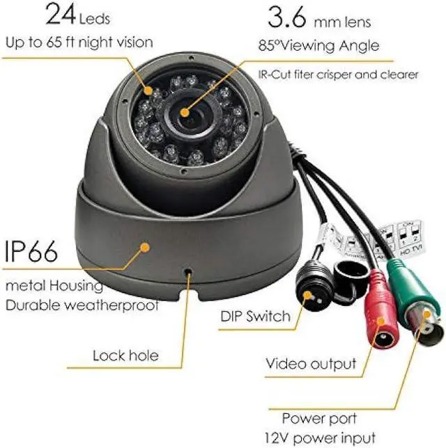 Alt view image 2 of 6 - Analog CCTV Camera HD 1080P 4-in-1 (TVI/AHD/CVI/960H Analog) Security Dome Camera Outdoor Metal Housing, 24 IR-LEDs True Day & Night Monitoring 3.6mm Lens (Grey)