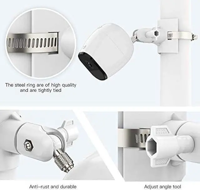 Alt view image 4 of 7 - OkeMeeo Universal Outdoor Camera Mount for Arlo Pro 4/Pro 3/Ultra 2/Arlo Essential/Reolink Wyze Cam,eufyCam and More with 1/4 Inch Attach Point, Fits 1.96-7.87 inch Pipe No Drill(White, 2 Pack)