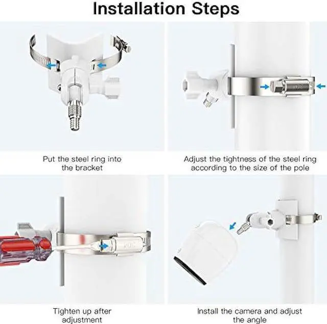 Alt view image 7 of 7 - OkeMeeo Universal Outdoor Camera Mount for Arlo Pro 4/Pro 3/Ultra 2/Arlo Essential/Reolink Wyze Cam,eufyCam and More with 1/4 Inch Attach Point, Fits 1.96-7.87 inch Pipe No Drill(White, 2 Pack)