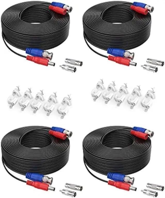 Main image of SANNCE 4-Pack 100ft BNC Video and Power Security Camera Cable with BNC Connectors and RCA Adapters for CCTV Camera System 100pcs Cable Clips (Black)