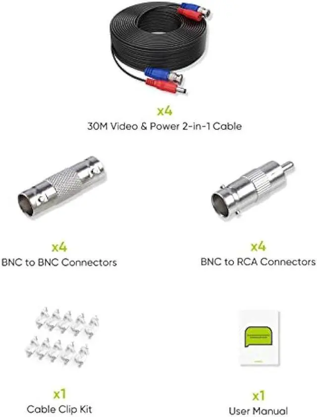 Alt view image 6 of 7 - SANNCE 4-Pack 100ft BNC Video and Power Security Camera Cable with BNC Connectors and RCA Adapters for CCTV Camera System 100pcs Cable Clips (Black)