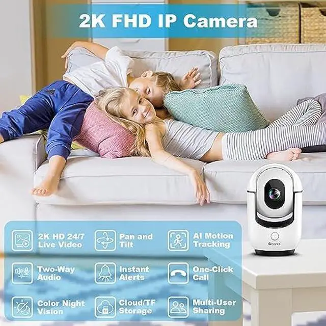 Alt view image 2 of 6 - 2K Pan/Tilt Security Camera, WiFi Indoor Camera for Home Security with AI Motion Detection, Baby/Pet Camera with Phone App, Color Night Vision, 2-Way Audio, 24/7, Siren, TF/Cloud Storage