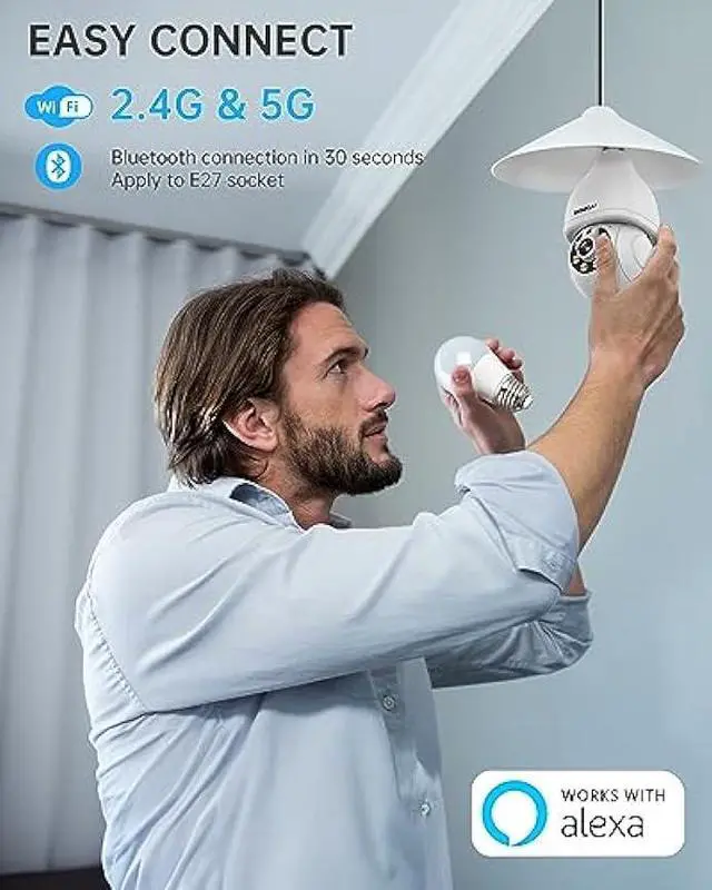 Alt view image 2 of 6 - WESECUU Light Bulb Security Camera, 2.4G/5G WiFi Security Cameras Wireless Outdoor Indoor for Home Security, 360° Monitoring, Auto Tracking, 24/7 Recording, Color Night Vision, Compatible with Alexa