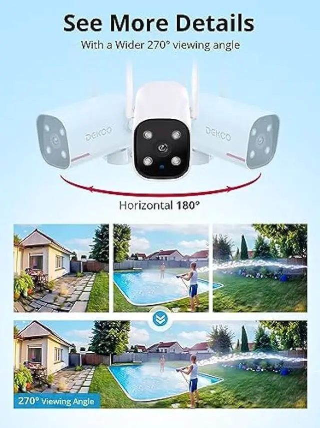 Alt view image 2 of 6 - Outdoor Security Camera - DEKCO 2K Pan Rotating 180° Wired WiFi Cameras for Home Security with Two-Way Audio, Night Vision, 2.4G Wifi, IP65, Motion Detection Alarm (2 Pack )