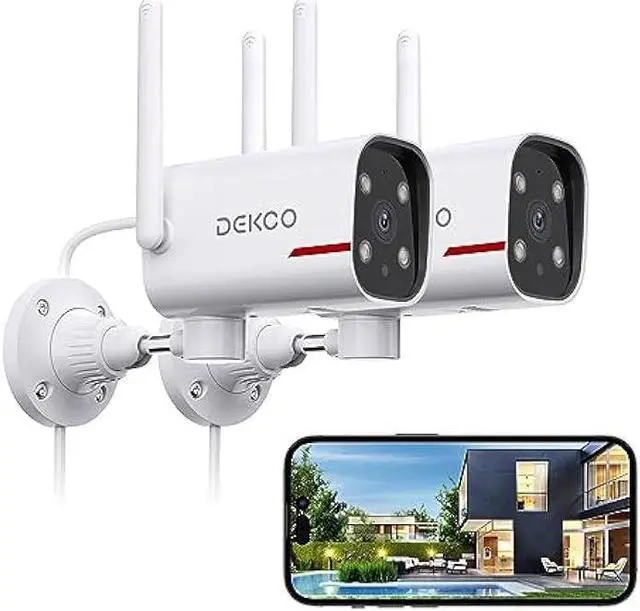 Main image of Outdoor Security Camera - DEKCO 2K Pan Rotating 180° Wired WiFi Cameras for Home Security with Two-Way Audio, Night Vision, 2.4G Wifi, IP65, Motion Detection Alarm (2 Pack )