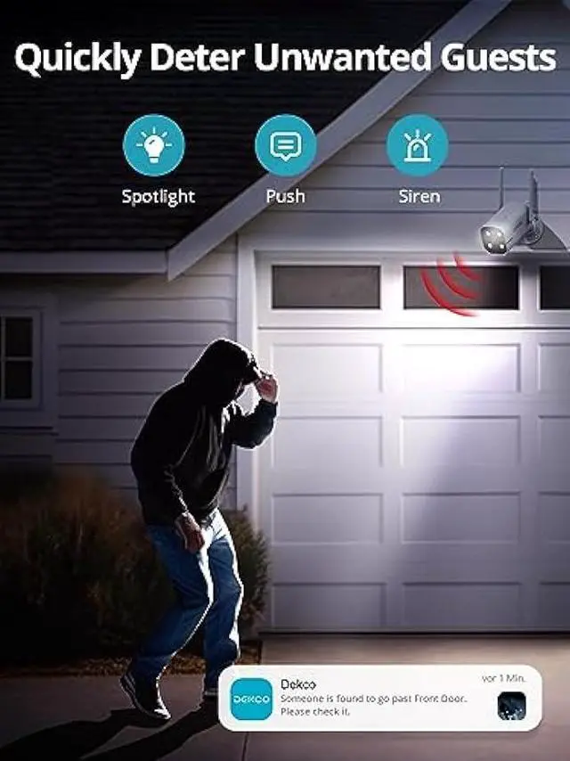 Alt view image 6 of 6 - Outdoor Security Camera - DEKCO 2K Pan Rotating 180° Wired WiFi Cameras for Home Security with Two-Way Audio, Night Vision, 2.4G Wifi, IP65, Motion Detection Alarm (2 Pack )